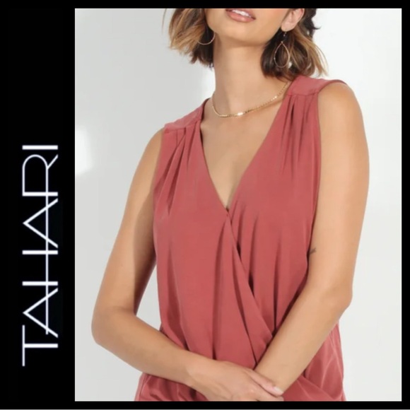 Net Tahari Dusty Clay Surplice Faux Wrap Sleeveless Top - Picture 3 of 6